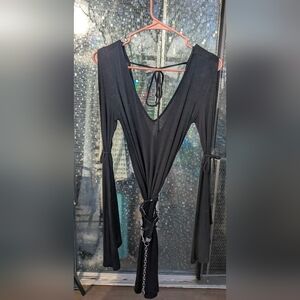 Black V-Neck Long Sleeve Tie Dress